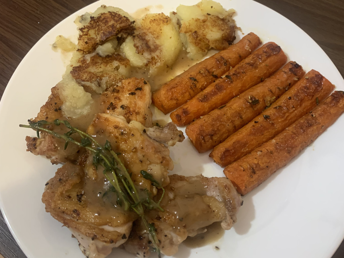 chicken thighs, roasted carrots and fried potatoes with pan sauce